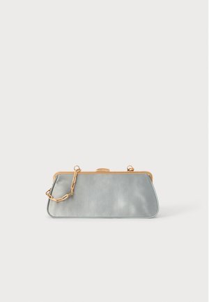 Light blue satin clutch bag with gold-tone metal frame and chain strap. Features a smooth texture and rounded shape. Closure at the top.