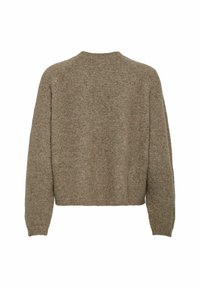 Pull en laine marron, coupe courte, encolure ronde, épaules tombantes, poignets et ourlet côtelés, texture douce, sans accessoires ni motifs visibles.