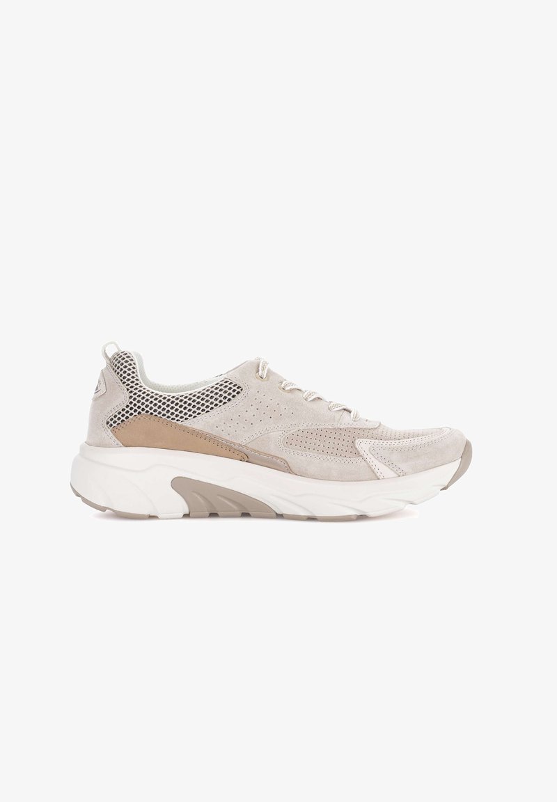 Beige and tan athletic sneaker with lace-up front, mesh and suede upper, and thick white sole designed for comfort and support.