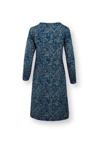 Blumenmuster-Kleid in Dunkelblau, mit langen Ärmeln, rundem Halsausschnitt und leicht ausgestellter Silhouette. Weicher Stoff, knielang.