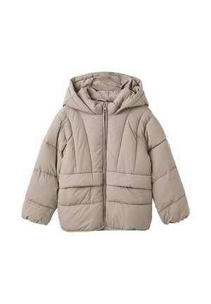 Veste rembourrée beige avec capuche, présentant une texture matelassée, une fermeture éclair sur le devant et deux poches horizontales. Tissu doux avec une coupe décontractée.