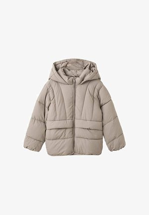 Beige fodrad jacka med huva, med quiltad textur, frontdragkedja och två horisontella fickor. Mjuk tyg med avslappnad passform.