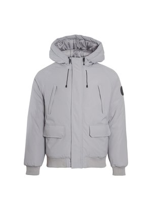 Graue gepolsterte Jacke mit abnehmbarem Kapuzen, Front-Reißverschluss, zwei Seitentaschen und gerippten Bündchen und Saum.