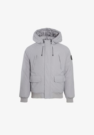 Gray padded jacket with a detachable hood, featuring front zip closure, two side pockets, and ribbed cuffs and hem.