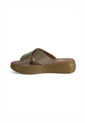 Cross-strap slide sandal made of glossy taupe synthetic material with a cushioned brown footbed and textured rubber sole.