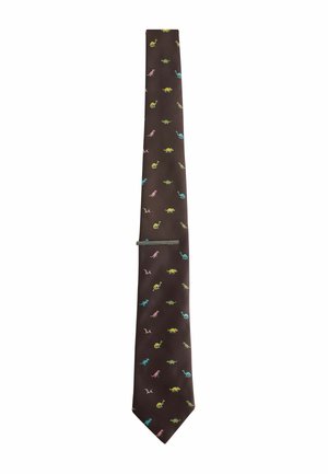 Brown necktie with colorful small dinosaur patterns in blue, yellow, pink, and green evenly spaced across the fabric.