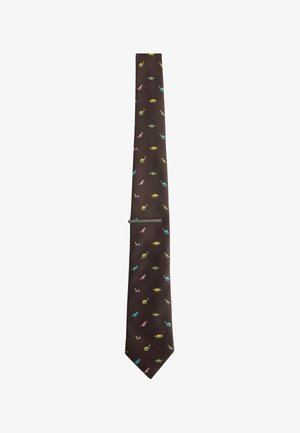 Brown necktie with colorful small dinosaur patterns in blue, yellow, pink, and green evenly spaced across the fabric.