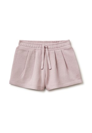 Licht mauve korte broek met elastische tailleband en trekkoord, zachte stof, geplooide voorkant en klein logo op de onderkant van de rechter zoom.