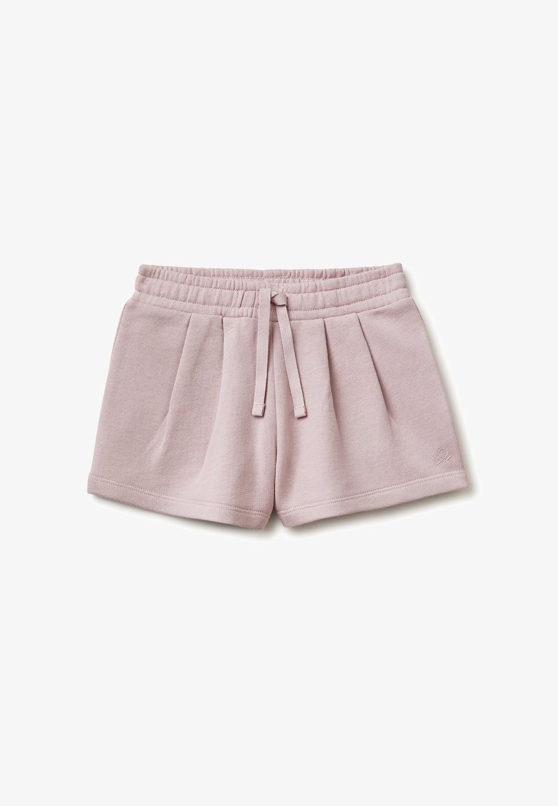 Pantaloncini con vita elastica color malva chiaro con coulisse, tessuto morbido, davanti plissettato e piccolo logo sull'orlo inferiore destro.
