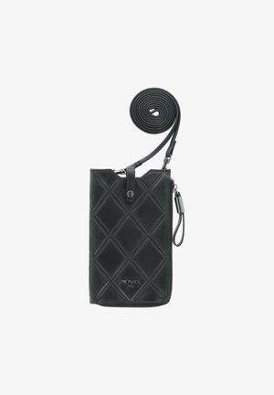 Black leather phone pouch featuring quilted diamond pattern, top zip closure, detachable strap, and logo detail at the front.