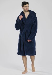 Marineblaue Frottee-Badejacke mit Kapuze, Gürtel und langen Ärmeln. Verfügt über eine weiche Textur und ein knielanges Design.