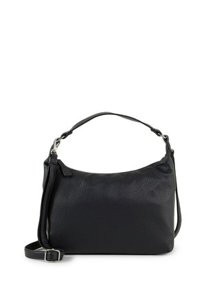 Sac à épaule en cuir noir texturé avec bandoulière ajustable et ferrures argentées sur fond blanc.