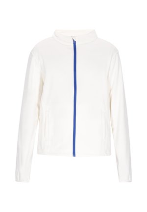 Valge jakk kõrge kraega, täis sinine tõmblukk, pikkade varrukatega ja küljetaskudega. Valmistatud pehmest, tekstuuriga kangast.