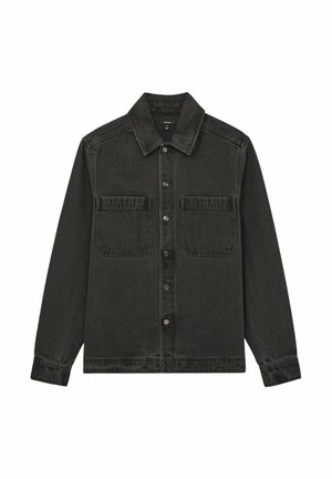 Dark gray denim jacket with a collar, front button closure, and two chest pockets. Features long sleeves and a relaxed fit design.