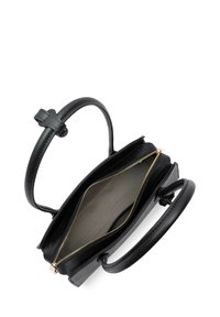 Borsa a mano in pelle nera dal design strutturato, con texture liscia, doppi manici e chiusura con cerniera dorata. Interno foderato beige.