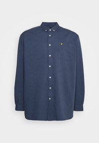 Granatowa koszula na guziki z długimi rękawami, kołnierzykiem i kieszenią na piersi z małym żółtym logo. Wykonana z lekkiego materiału.