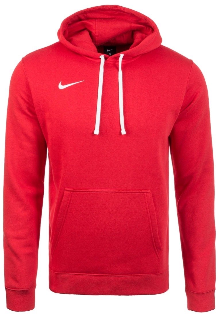 Felpa rossa con cappuccio realizzata in tessuto morbido, dotata di una tasca a marsupio, coulisse bianche e logo Nike bianco sul petto a sinistra.