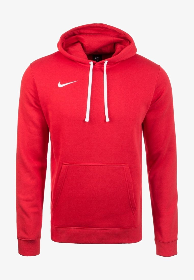 Felpa rossa con cappuccio realizzata in tessuto morbido, dotata di una tasca a marsupio, coulisse bianche e logo Nike bianco sul petto a sinistra.