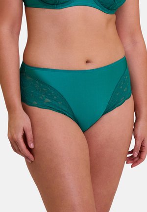Culotte taille haute teal avec des panneaux en dentelle sur les côtés et un matériau lisse et extensible. Le design offre une couverture complète avec une texture douce.