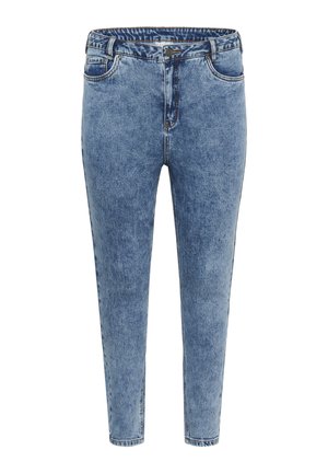 Modré džíny skinny s vysokým pasem, pěti kapsami a zipovým zapínáním. Tkanina má jemně vybledlý vzhled s kontrastním šitím.