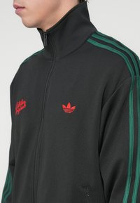 Sort lynlåstrøje med grønne striber, høj krave og rød broderet logo. Blødt stof med en glat tekstur og tætsiddende design.