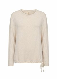 Helle beige Langarmbluse aus weichem Material. Hat einen runden Ausschnitt und einen gerafften Kordelzugsaum für eine anpassbare Passform.