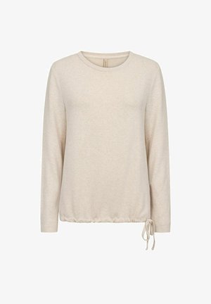 Svijetložuta majica dugih rukava od mekog materijala. Ima okrugli izrez i naboran rub s vezicom za prilagodbu.}}}