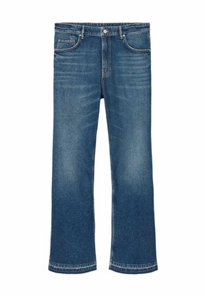 Blauwe rechte spijkerbroek met voorkantzakken, knoopsluiting en subtiele vervaagde details op de dijen en knieën.