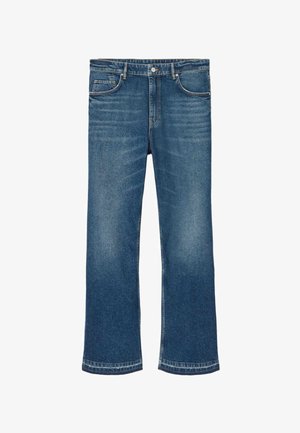 Blauwe rechte spijkerbroek met voorkantzakken, knoopsluiting en subtiele vervaagde details op de dijen en knieën.