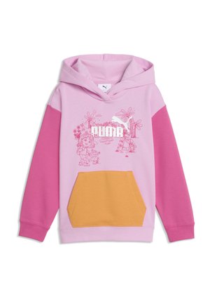 Pink hættetrøje med mørk pink ærmer, orange forlommer og hvid Puma-logo med tegneseriefigurer og blomster foran.