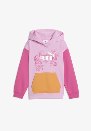 Pink hættetrøje med mørk pink ærmer, orange forlommer og hvid Puma-logo med tegneseriefigurer og blomster foran.