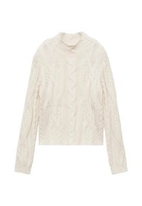 Suéter de punto cableado en color blanco roto, de diseño corto, con cuello alto y mangas largas, con patrones de punto texturizados en toda la prenda.