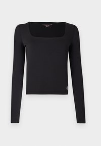 Haut noir à manches longues avec encolure carrée et coupe ajustée. Fabriqué en tissu lisse, avec un petit logo en accent à l'ourlet.