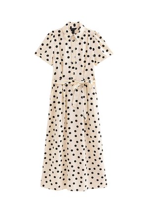 Vestito midi a maniche corte color crema con pois neri, chiusura frontale con bottoni, colletto e fiocco in vita.