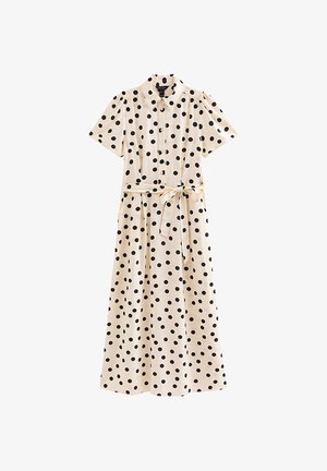 Vestito midi a maniche corte color crema con pois neri, chiusura frontale con bottoni, colletto e fiocco in vita.
