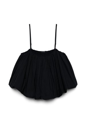 Top corto nero off-shoulder con sottili spalline regolabili e un design arricciato e voluminoso per una vestibilità ampia.