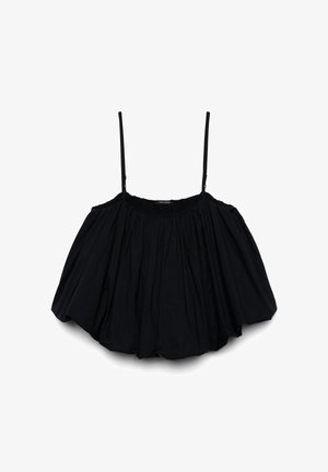 Top corto nero off-shoulder con sottili spalline regolabili e un design arricciato e voluminoso per una vestibilità ampia.