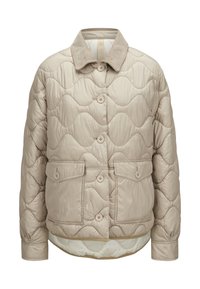 Beige gesteppte Jacke mit welliger Textur, Knopfverschluss, zwei Fronttaschen und einem Cordkragen als besonderes Detail.