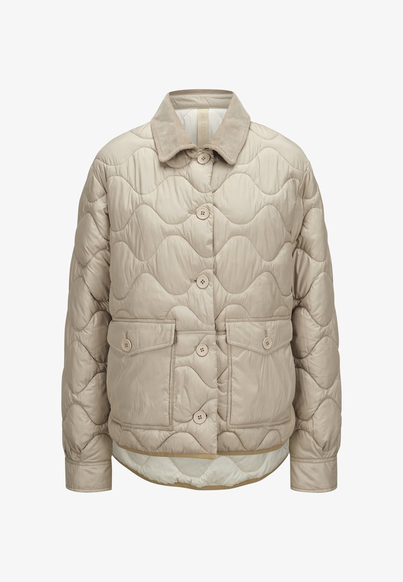 Beige gesteppte Jacke mit welliger Textur, Knopfverschluss, zwei Fronttaschen und einem Cordkragen als besonderes Detail.