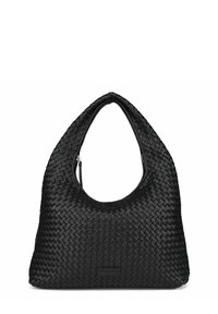 Borsa a tracolla nera in tessuto intrecciato con forma a hobo arrotondata. Presenta una fodera interna liscia e una chiusura con zip. La superficie testurizzata aggiunge profondità e interesse.