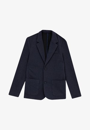 Blazer marine en tissu texturé, avec un col cranté, deux poches avant et deux boutons. Silhouette propre et ajustée.