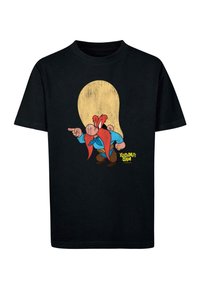 Čierne bavlnené tričko s potlačou kresleného charakteru s červeným bradou a klobúkom, ktorý ukazuje prstom, s žltými grafickými detailmi a textom "YOSEMITE SAM."