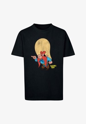 Schwarzes Baumwoll-T-Shirt mit einem Cartoon-Charakter mit rotem Bart und Hut, der zeigt, mit gelben grafischen Details und dem Text "YOSEMITE SAM."