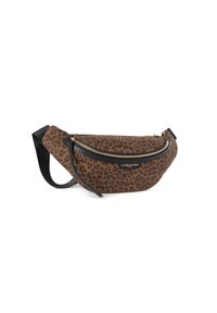 Leopardprint heuptas in bruin en zwart stof, met een ritssluiting bovenaan, een strak ontwerp en een verstelbare schouderband met een gladde textuur.