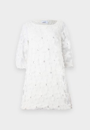 Robe blanche en tissu transparent, ornée de motifs floraux avec des accents brodés et des manches bouffantes trois-quarts.