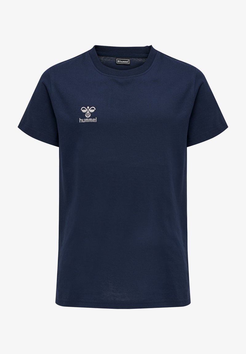 Marineblå bomulds t-shirt med korte ærmer, rund halsudskæring og broderet logo på brystet. Glat tekstur og afslappet pasform.