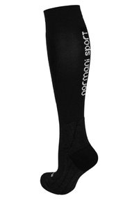 Schwarze knielange Socken aus strukturiertem Stoff, mit verstärkter Zehen- und Fersenpartie. Weißes "Armani Sport"-Logo vertikal an der Seite aufgedruckt.