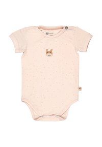 Kurzärmliger rosa Baby-Body aus weicher Baumwolle, mit einem gepunkteten Muster und einem Bärenkopf-Graphic auf der Vorderseite. Mit Druckknopfverschluss am unteren Ende.