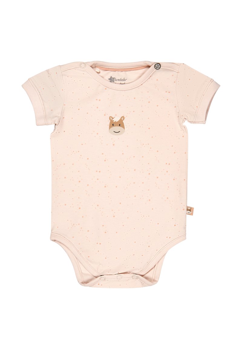Kurzärmliger rosa Baby-Body aus weicher Baumwolle, mit einem gepunkteten Muster und einem Bärenkopf-Graphic auf der Vorderseite. Mit Druckknopfverschluss am unteren Ende.