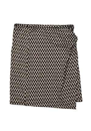 Jupe portefeuille noire avec un motif géométrique blanc cassé, fabriquée en tissu léger avec une texture lisse et un détail froncé à la taille.